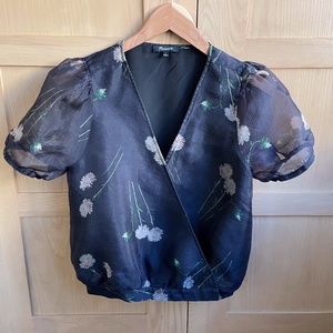 Madewell Black Sheer Floral Silk Organza Short Sleeve Top Small